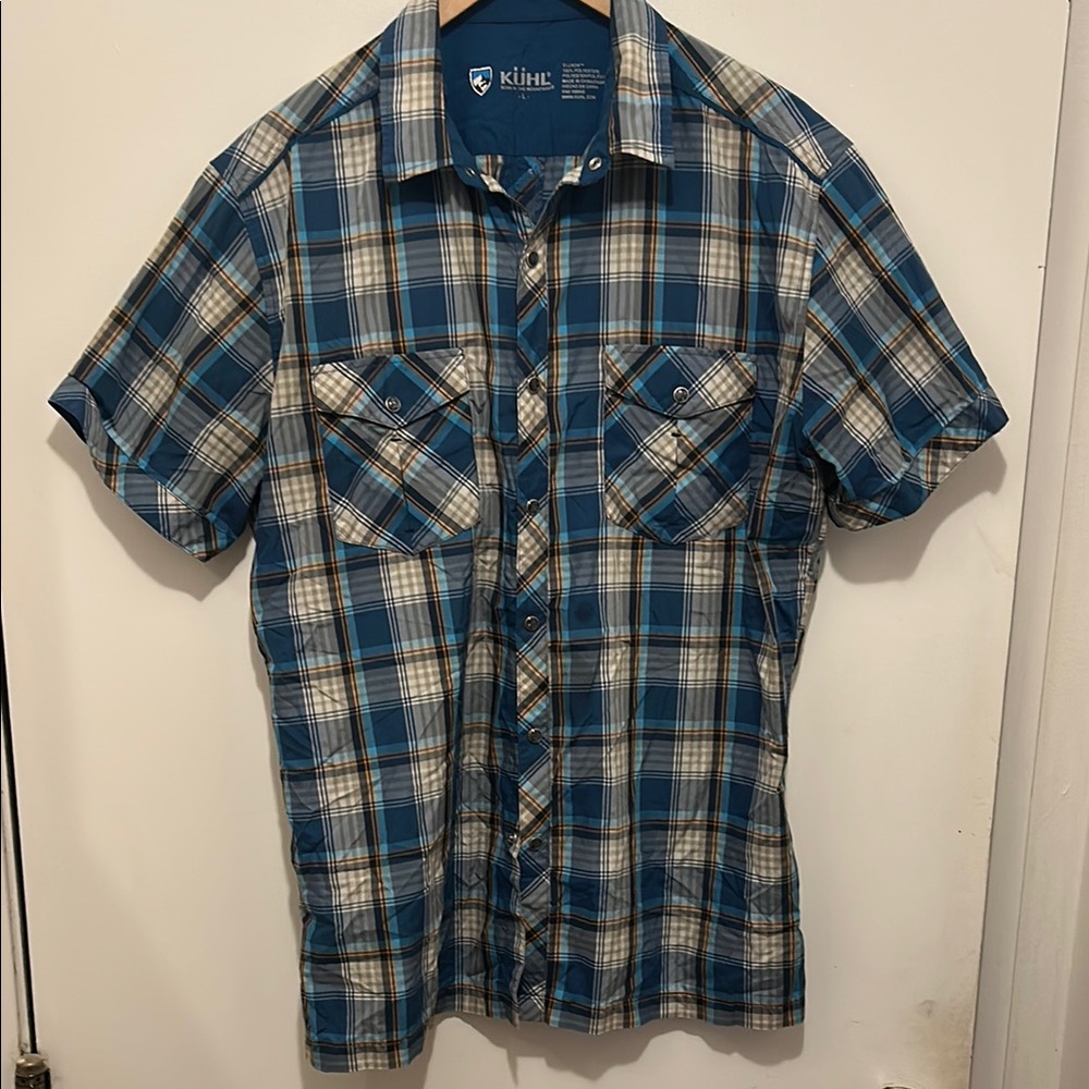 Kuhl Eluxor Men's Teal and White Plaid Button Down Shirt - size large